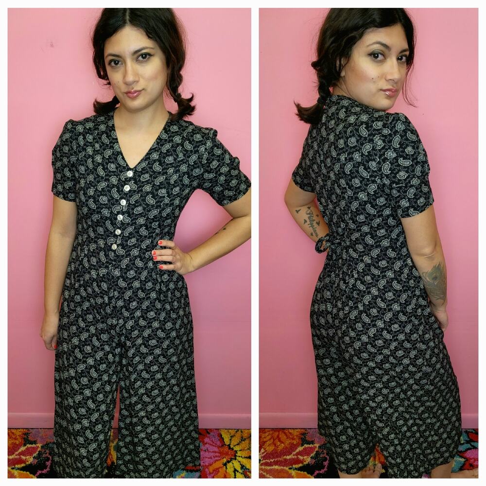 Petite Size Small - Large | Vintage 1990's Rayon Black Paisley Wide Leg Jumpsuit